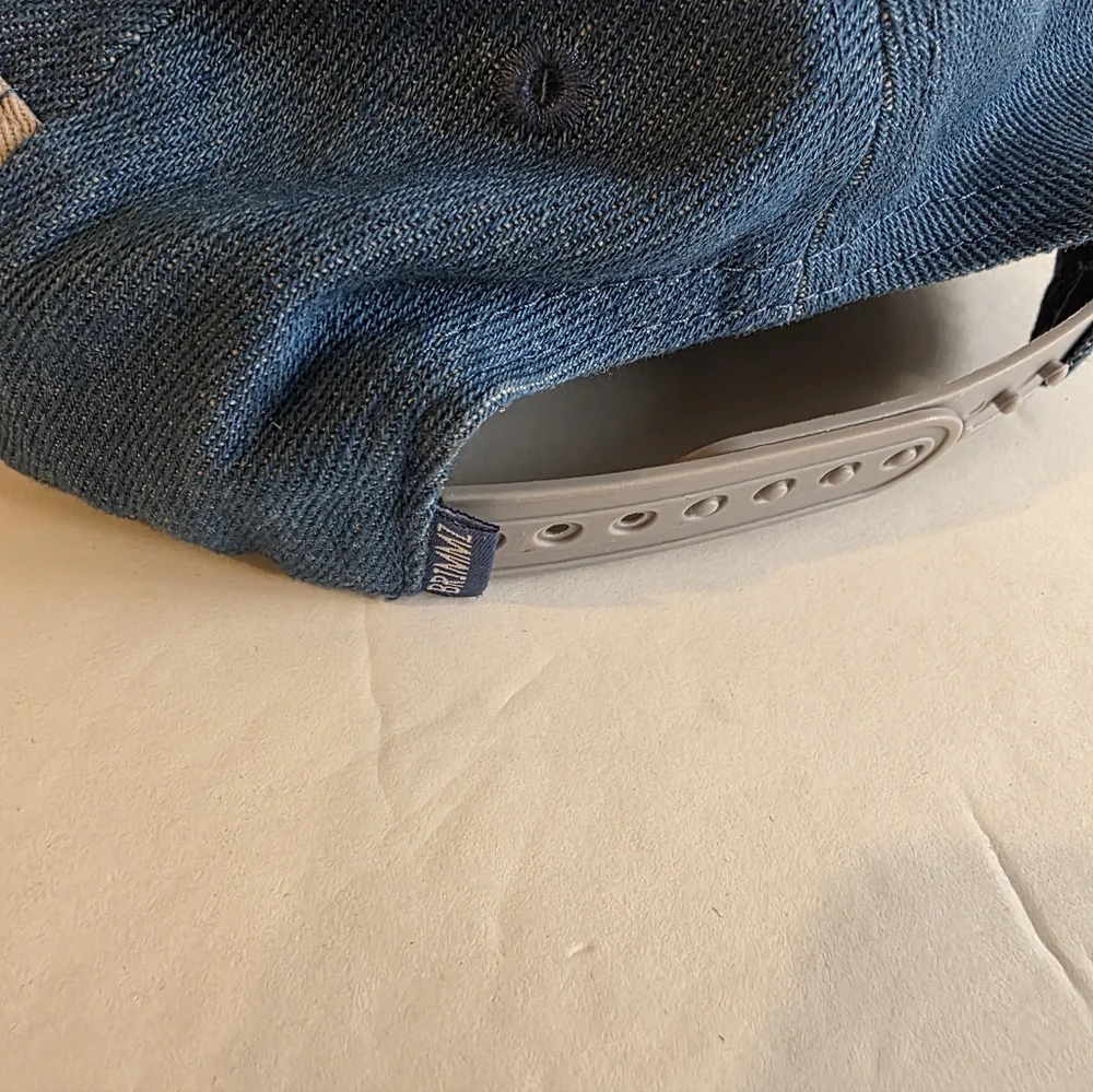 Brimmz Trucker Hat snap back Denim Chambray black Blue White Stripe XS